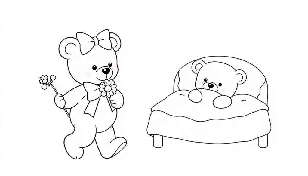 Ein schwarz-weißer Teddybär mit einer großen Schleife und Fliege, der seinem kranken Freund eine Blume bringt. Farbtafel für Kinder.