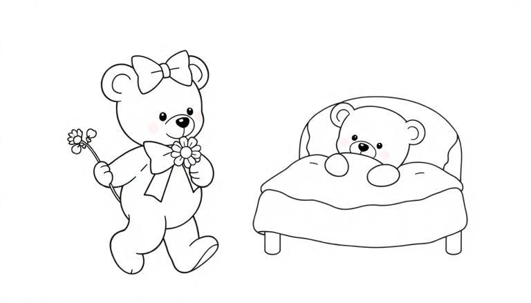Ein schwarz-weißer Teddybär mit einer großen Schleife und Fliege, der seinem kranken Freund eine Blume bringt. Farbtafel für Kinder.
