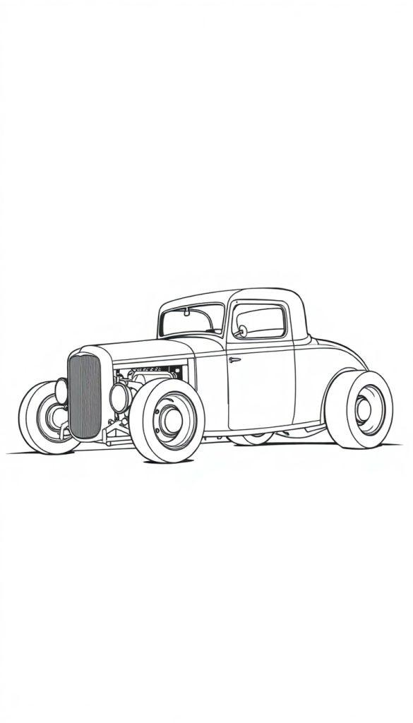 Schwarz-weiße Zeichnung eines Oldtimer-Hot-Rod-Autos mit großen Rädern.