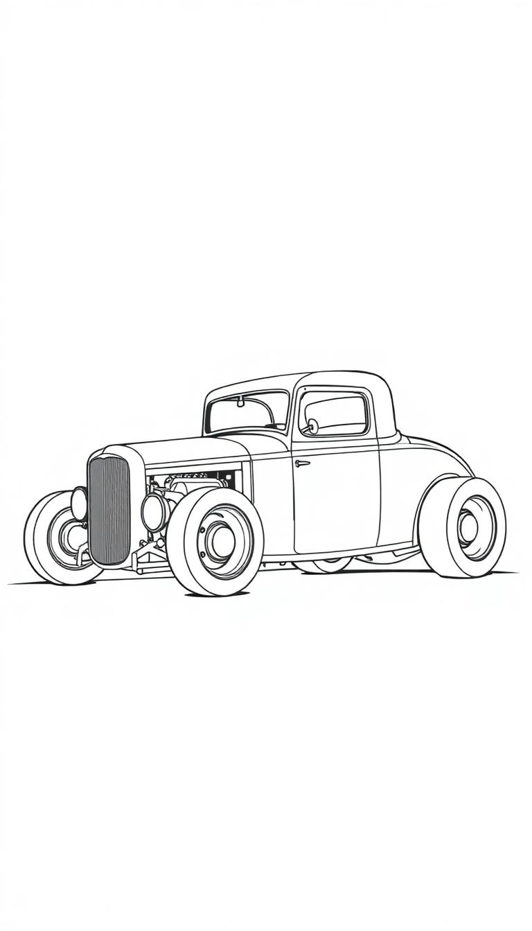 Schwarz-weiße Zeichnung eines Oldtimer-Hot-Rod-Autos mit großen Rädern.