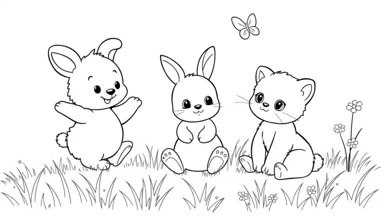 Schwarz-weiße Farbtafel-Zeichnung von drei niedlichen Cartoon-Tieren: ein Kaninchen, das tanzt, ein sitzendes Kaninchen und ein Kätzchen, mit einem Schmetterling und Blumen.