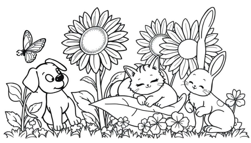 Eine freundliche Farbtafel zeigt eine Katze, einen Hund und einen Hasen, die friedlich in einem Blumenfeld mit Sonnenblumen schlafen und sitzen, während ein Schmetterling vorbeifliegt.