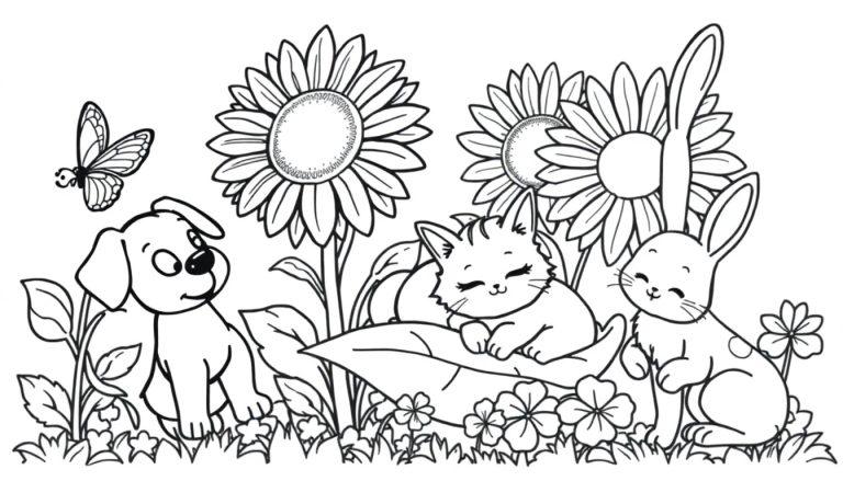 Eine freundliche Farbtafel zeigt eine Katze, einen Hund und einen Hasen, die friedlich in einem Blumenfeld mit Sonnenblumen schlafen und sitzen, während ein Schmetterling vorbeifliegt.