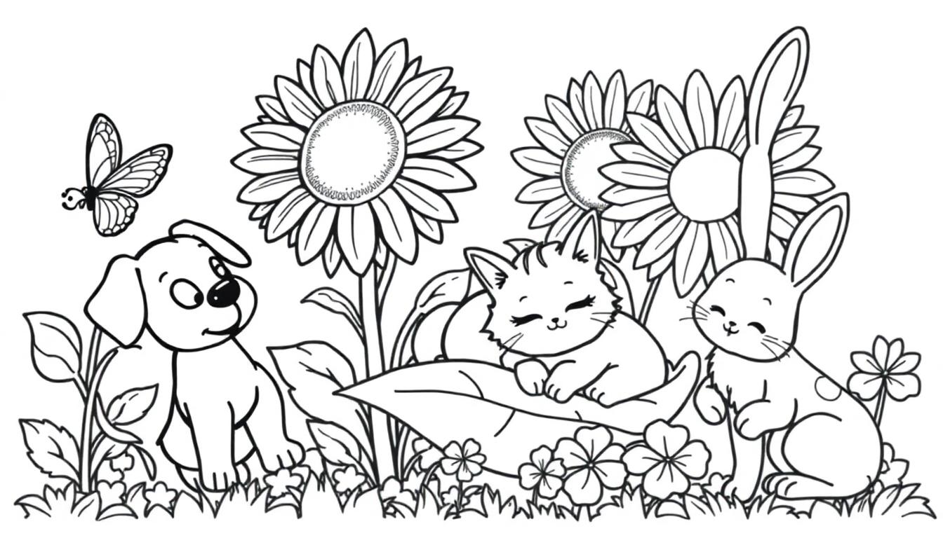 Eine freundliche Farbtafel zeigt eine Katze, einen Hund und einen Hasen, die friedlich in einem Blumenfeld mit Sonnenblumen schlafen und sitzen, während ein Schmetterling vorbeifliegt.