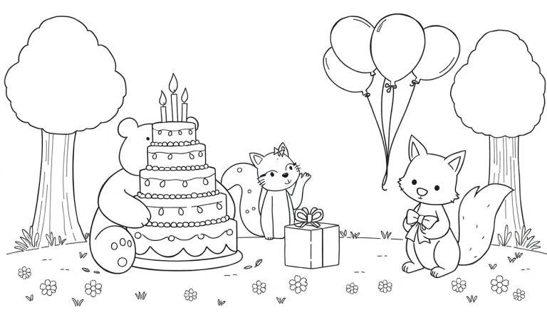 Schwarz-Weiß-Farbtafel-Illustration einer Geburtstagsfeier im Wald mit einem Teddybären, der einen Kuchen trägt, und winkenden Eichhörnchen.