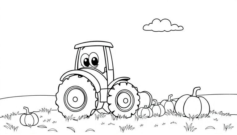 Fröhlicher Traktor auf einem Feld mit Kürbissen, bereit zum Ausmalen als Farbtafel.