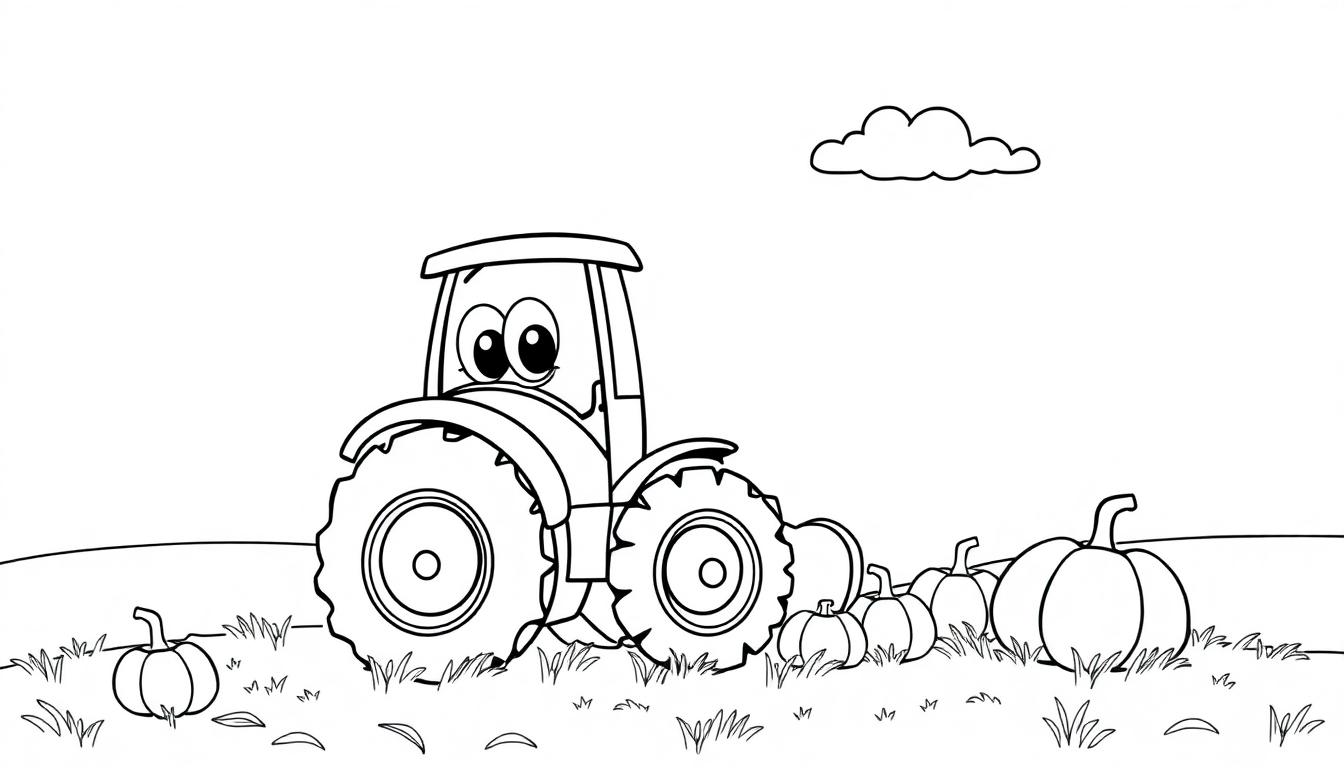 Fröhlicher Traktor auf einem Feld mit Kürbissen, bereit zum Ausmalen als Farbtafel.