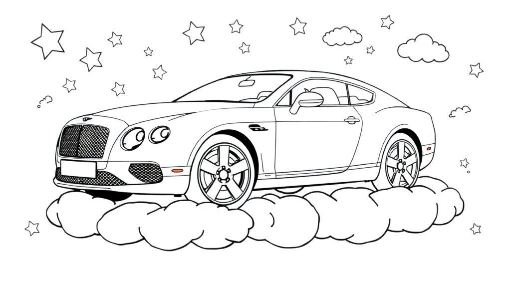 Eine Bleistiftzeichnung eines eleganten Coupés, das auf einer Wolke schwebt, umgeben von Sternen, als Farbtafel.