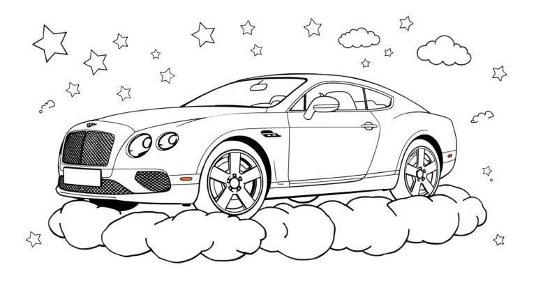 Eine Bleistiftzeichnung eines eleganten Coupés, das auf einer Wolke schwebt, umgeben von Sternen, als Farbtafel.