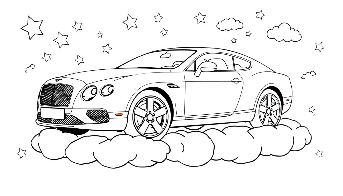Eine Bleistiftzeichnung eines eleganten Coupés, das auf einer Wolke schwebt, umgeben von Sternen, als Farbtafel.