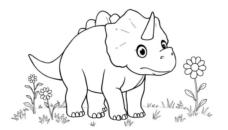 Schwarz-Weiß-Cartoon-Farbtafel eines Triceratops in einer Blumenwiese.