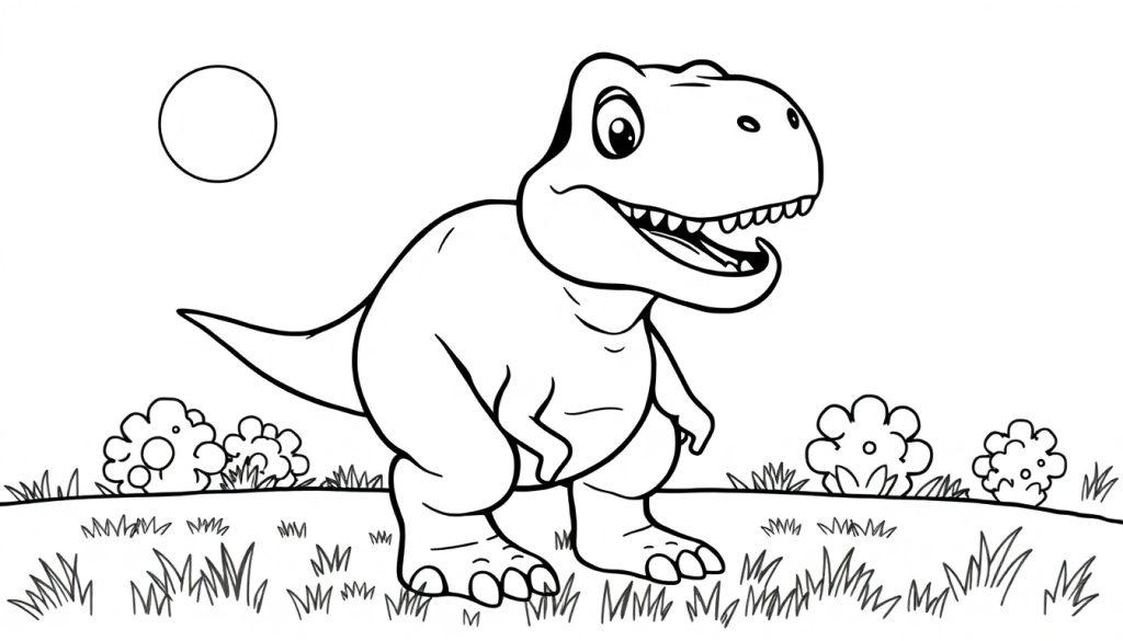 Ein Cartoon-Tyrannosaurus Rex zum Ausmalen mit großen Augen und einem breiten Grinsen, der auf einer grünen Farbtafel steht.