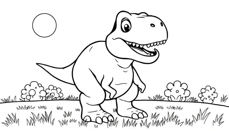Ein Cartoon-Tyrannosaurus Rex zum Ausmalen mit großen Augen und einem breiten Grinsen, der auf einer grünen Farbtafel steht.