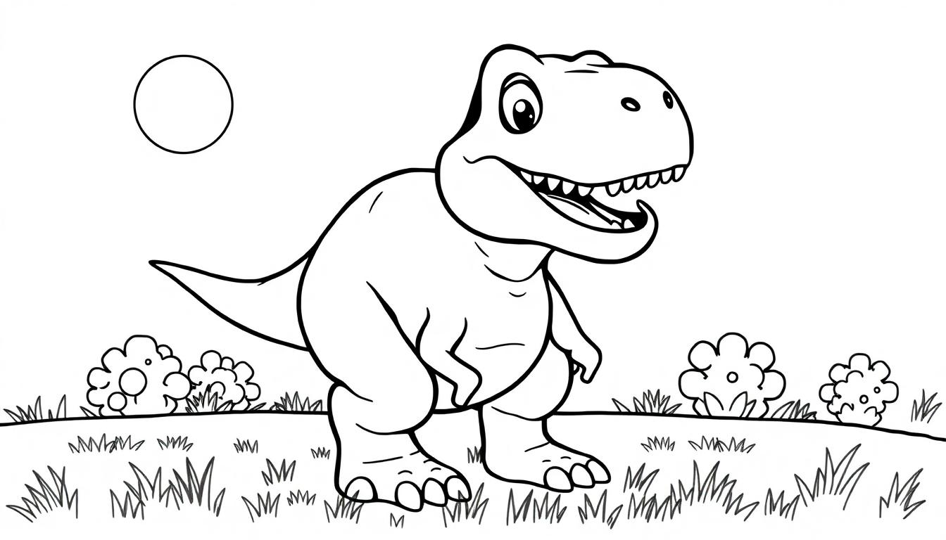 Ein Cartoon-Tyrannosaurus Rex zum Ausmalen mit großen Augen und einem breiten Grinsen, der auf einer grünen Farbtafel steht.