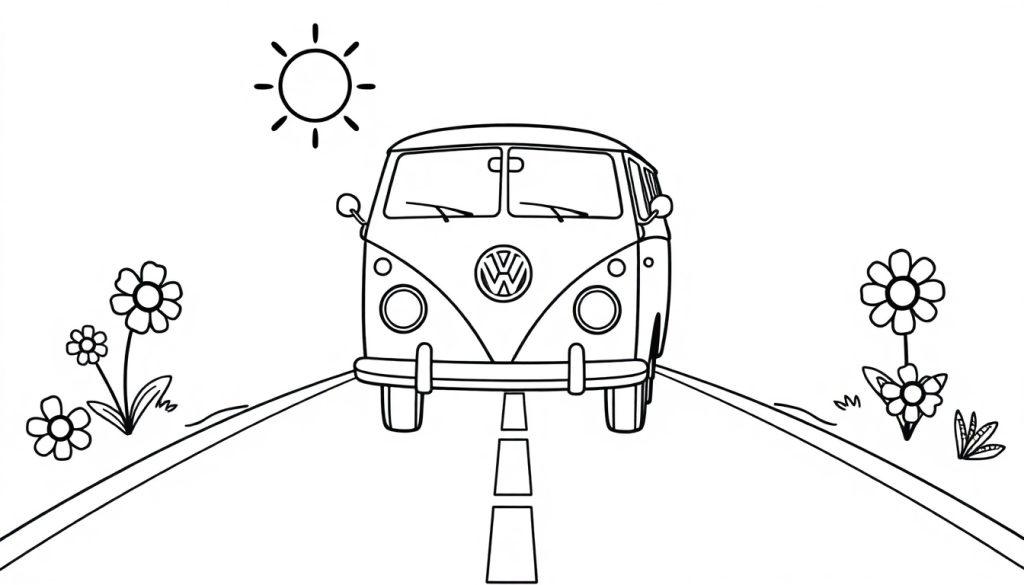 Schwarz-weiße Farbtafel eines lächelnden VW-Busses auf einer Straße mit Blumen und Sonne.