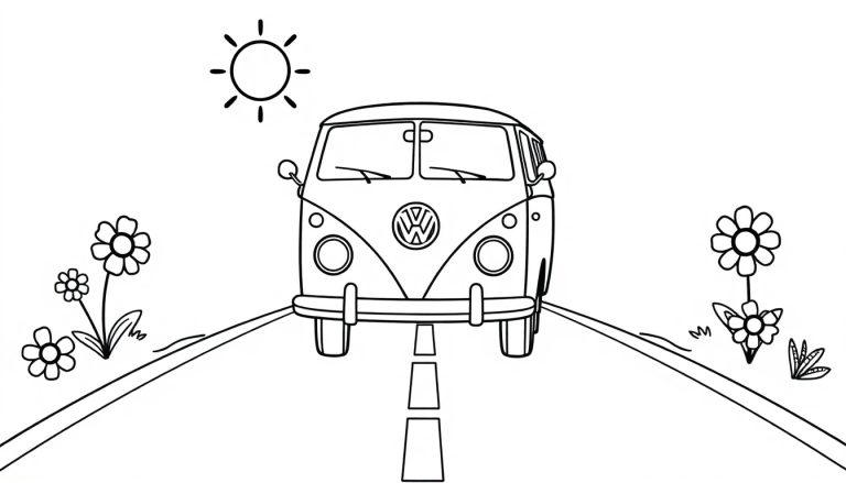 Schwarz-weiße Farbtafel eines lächelnden VW-Busses auf einer Straße mit Blumen und Sonne.
