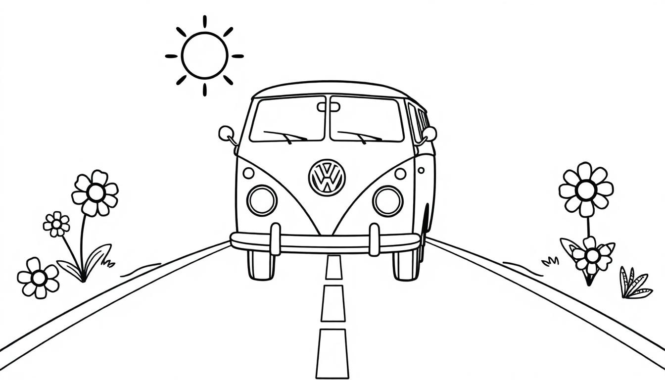 Schwarz-weiße Farbtafel eines lächelnden VW-Busses auf einer Straße mit Blumen und Sonne.