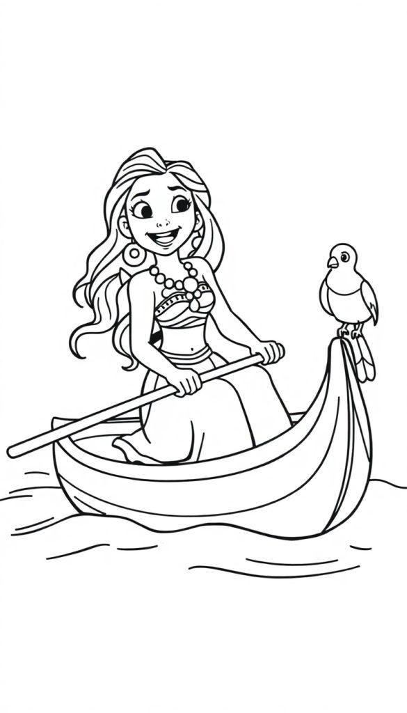 Eine Frau mit langem, gewelltem Haar und einem Lächeln rudert in einem Boot mit einem Vogel auf der Vorderseite.