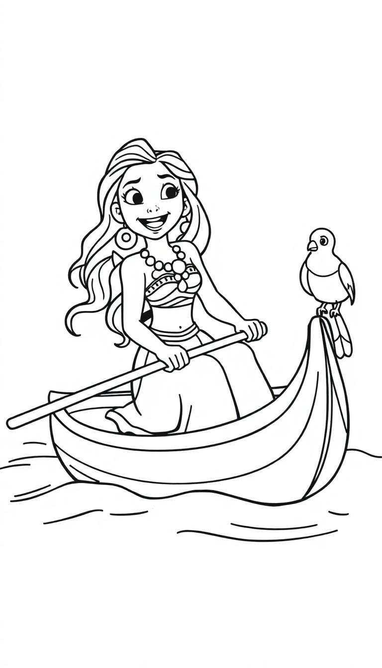 Eine Frau mit langem, gewelltem Haar und einem Lächeln rudert in einem Boot mit einem Vogel auf der Vorderseite.