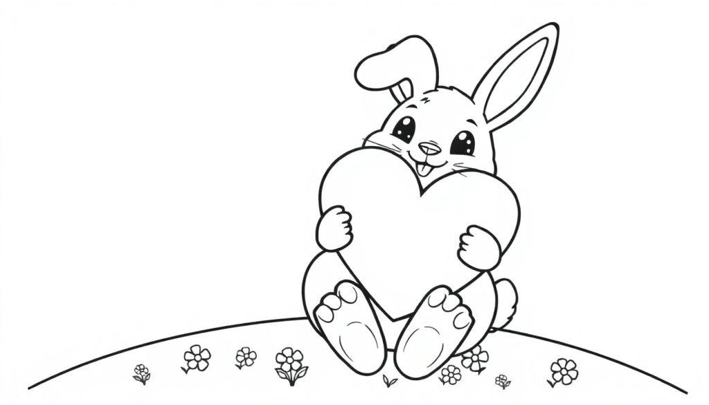 Schwarz-weiße Farbtafel: Ein niedlicher Hase sitzt auf einem Hügel und hält ein leeres Herz.
