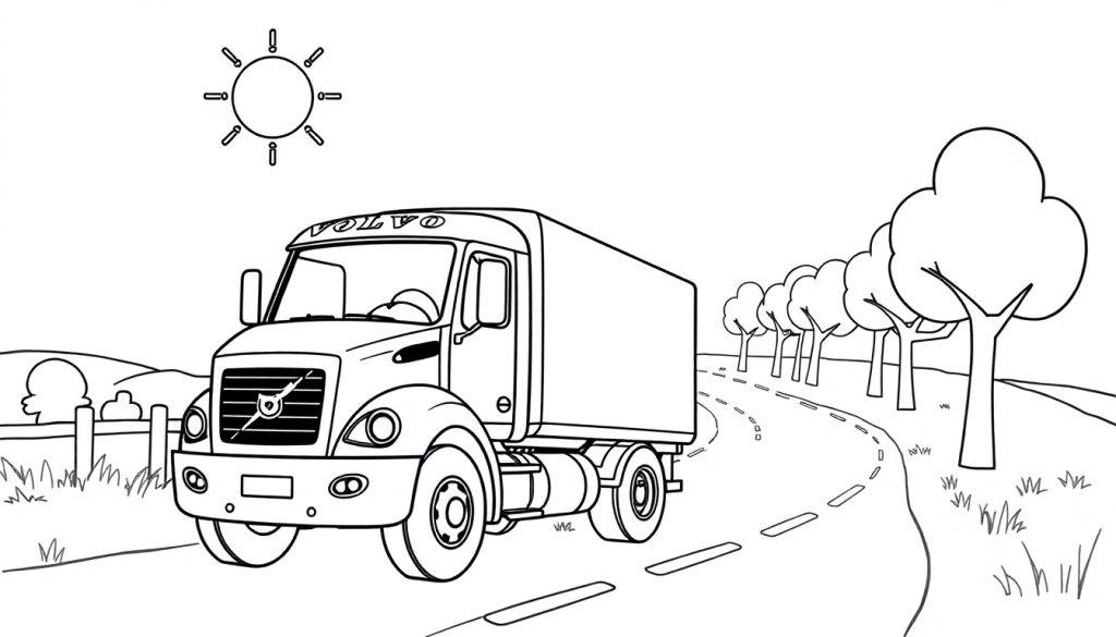 Schwarz-weiße Farbtafel eines freundlichen Volvo Lkw auf einer von Bäumen gesäumten Straße mit einer strahlenden Sonne.