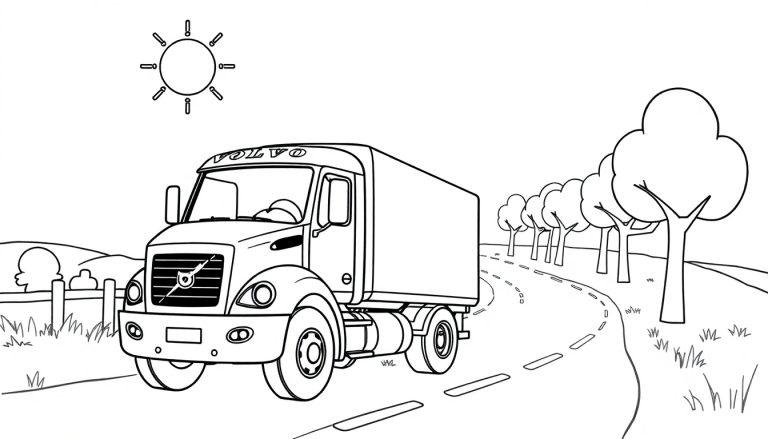 Schwarz-weiße Farbtafel eines freundlichen Volvo Lkw auf einer von Bäumen gesäumten Straße mit einer strahlenden Sonne.