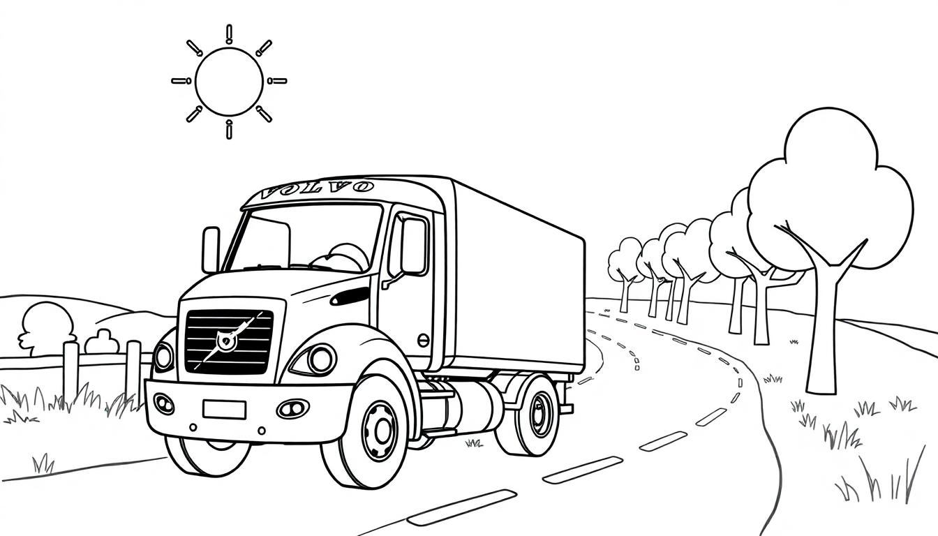 Schwarz-weiße Farbtafel eines freundlichen Volvo Lkw auf einer von Bäumen gesäumten Straße mit einer strahlenden Sonne.