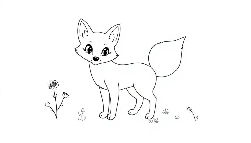 Schwarz-weiße Farbtafel eines niedlichen Cartoon-Fuchses mit Blumen im Wald.