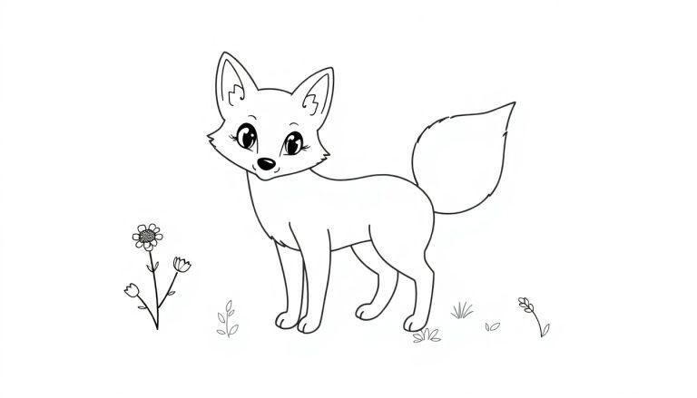 Schwarz-weiße Farbtafel eines niedlichen Cartoon-Fuchses mit Blumen im Wald.