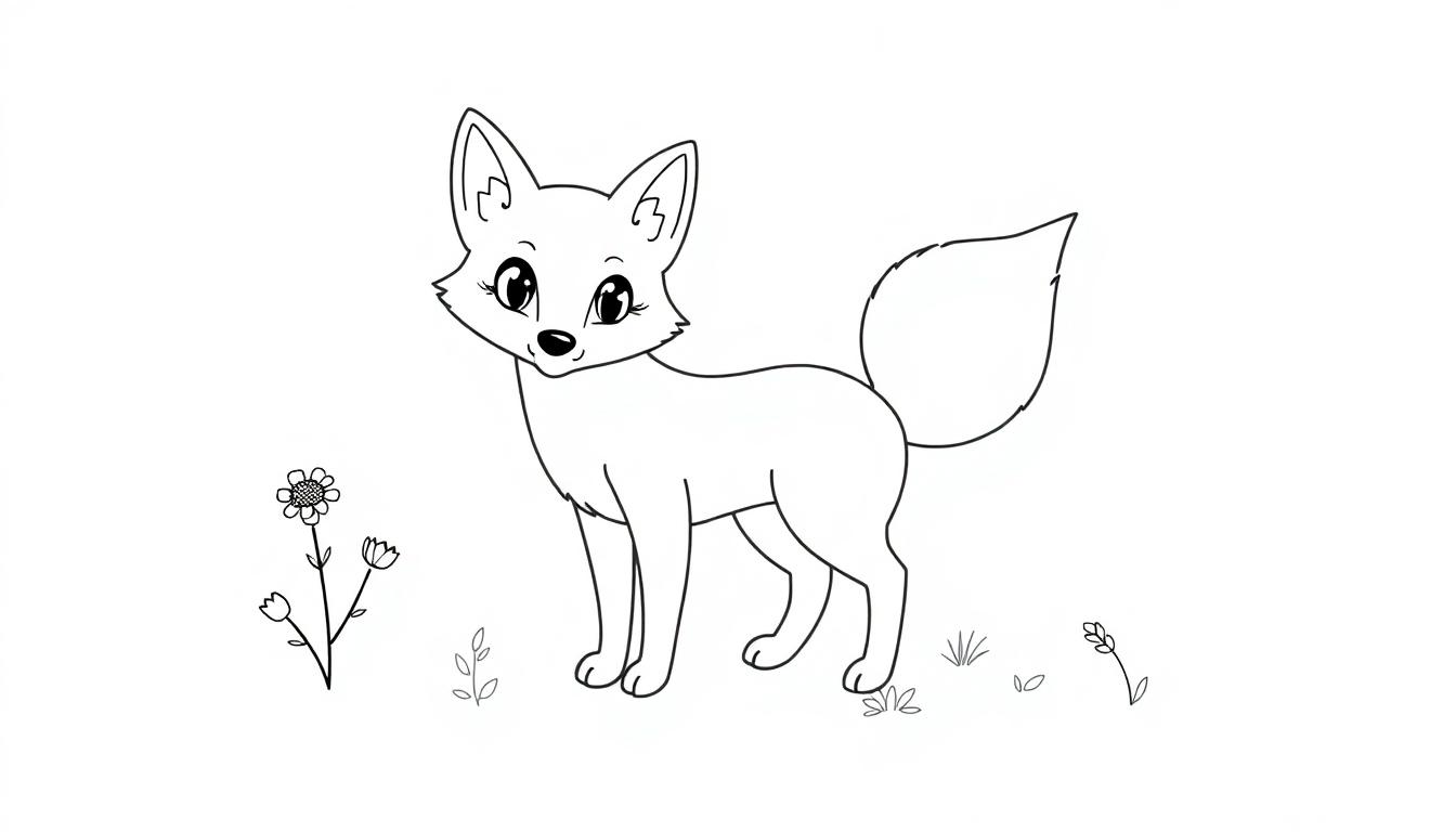 Schwarz-weiße Farbtafel eines niedlichen Cartoon-Fuchses mit Blumen im Wald.