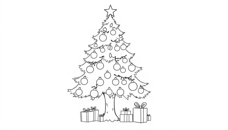 Schwarz-weiße Farbtafel eines geschmückten Weihnachtsbaums mit Sternspitze und Geschenken darunter.