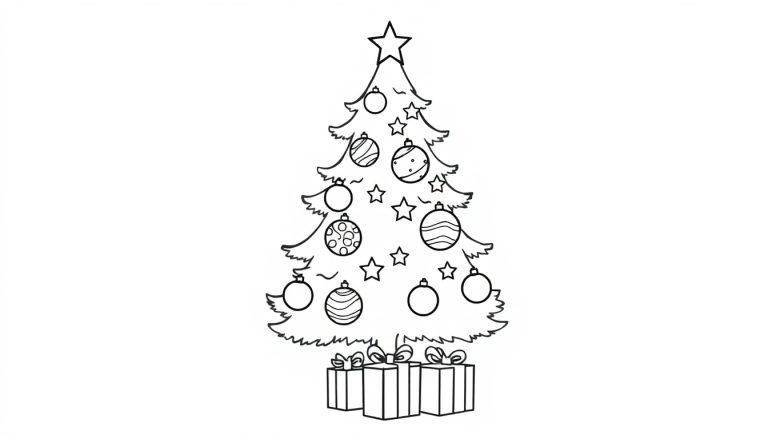 Schwarz-weiße Farbtafel eines Weihnachtsbaums mit Sternenspitze, Kugeln und Sternen sowie drei Geschenken darunter.