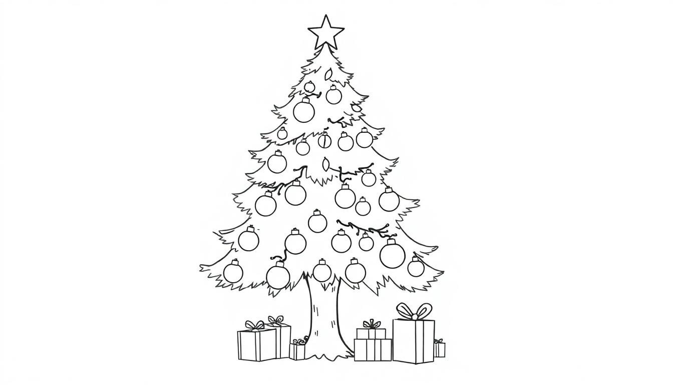 Schwarz-weiße Farbtafel eines geschmückten Weihnachtsbaums mit Sternspitze und Geschenken darunter.