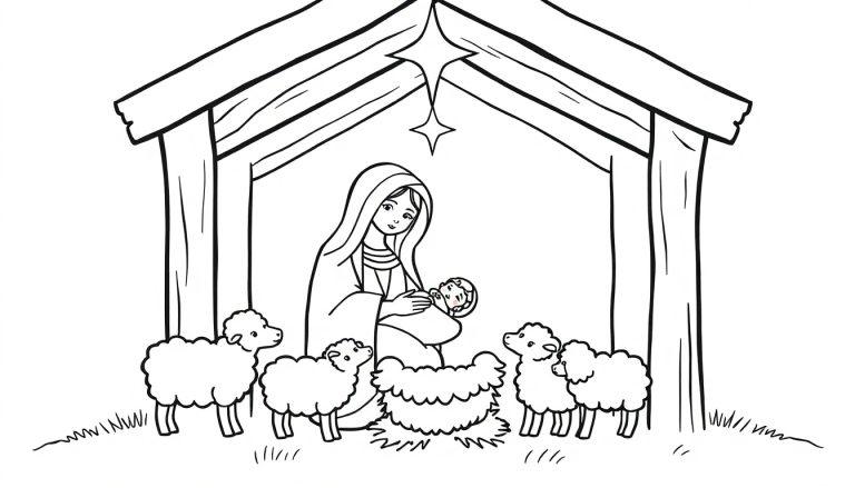 Eine Schwarz-Weiß-Farbtafel einer Weihnachtskrippe mit Maria, Josef und dem Jesuskind, umgeben von Sternen und Schafen.