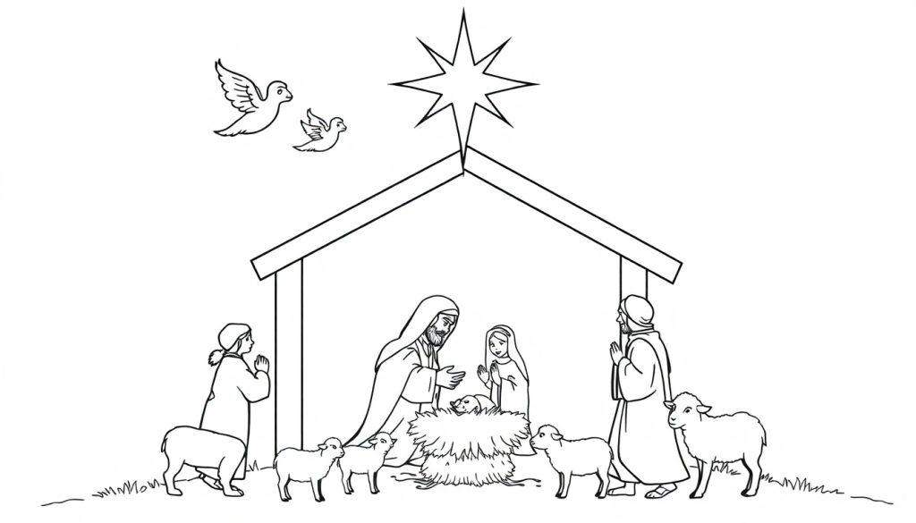 Schwarz-weiße Farbtafel einer Weihnachtskrippe mit Maria, Josef und dem Jesuskind.