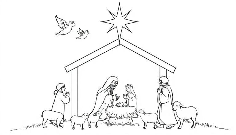 Schwarz-weiße Farbtafel einer Weihnachtskrippe mit Maria, Josef und dem Jesuskind.