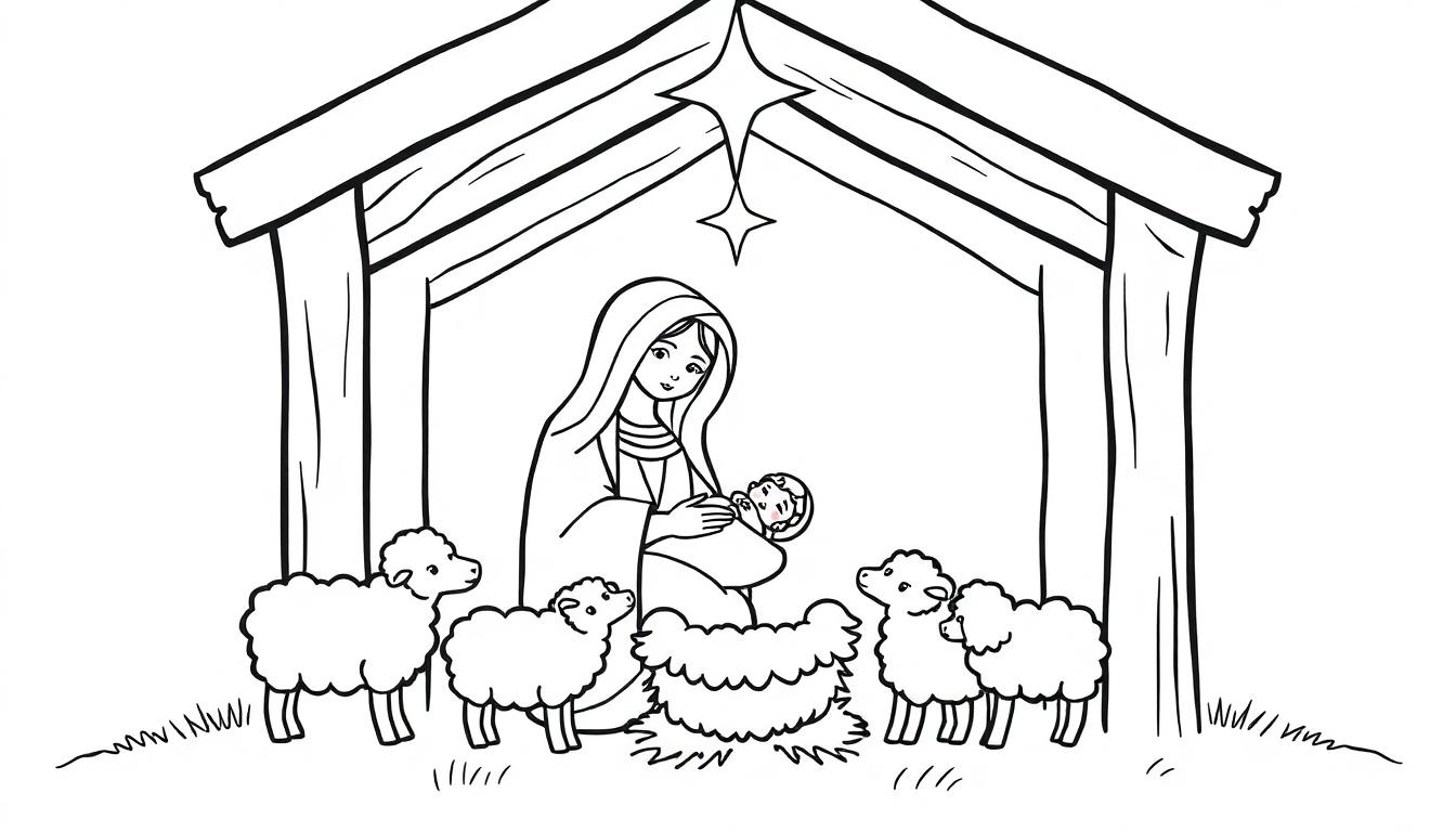 Eine Schwarz-Weiß-Farbtafel einer Weihnachtskrippe mit Maria, Josef und dem Jesuskind, umgeben von Sternen und Schafen.