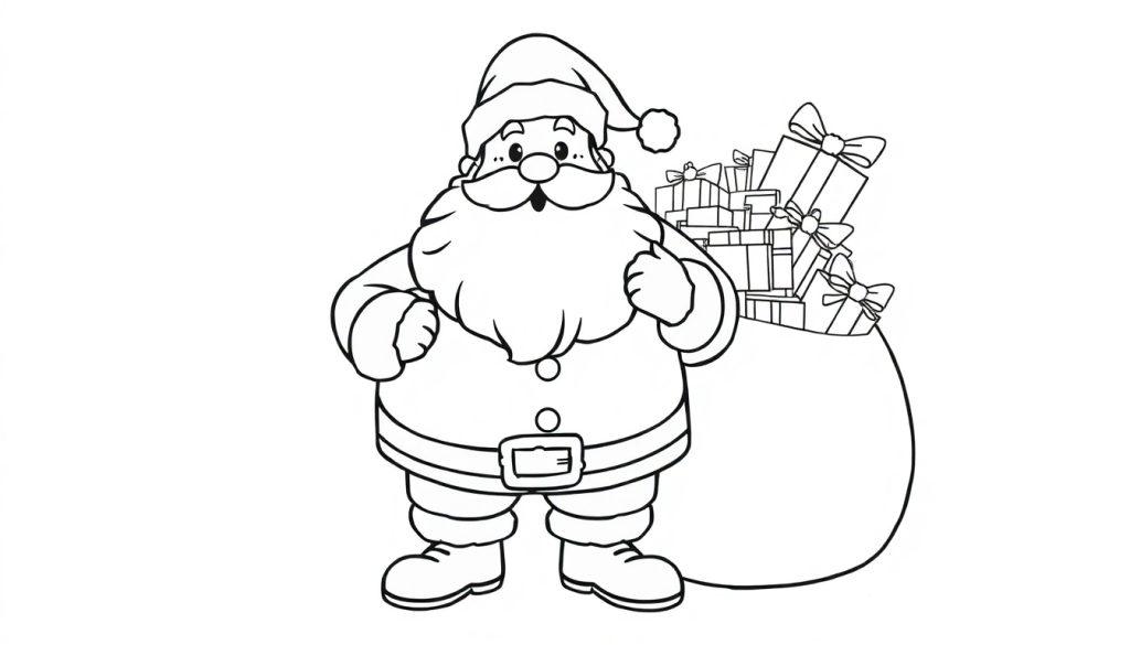 Schwarz-weiße Umrisszeichnung des Weihnachtsmanns mit einem Sack voller Geschenke, bereit zum Ausmalen. Farbtafel.
