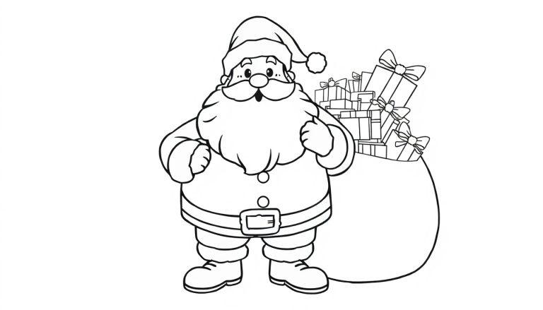 Schwarz-weiße Umrisszeichnung des Weihnachtsmanns mit einem Sack voller Geschenke, bereit zum Ausmalen. Farbtafel.