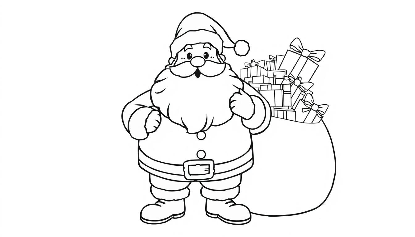 Schwarz-weiße Umrisszeichnung des Weihnachtsmanns mit einem Sack voller Geschenke, bereit zum Ausmalen. Farbtafel.