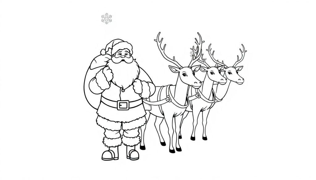 Schwarz-Weiß-Farbtafel: Weihnachtsmann mit Geschenken und Rentieren im Schnee.