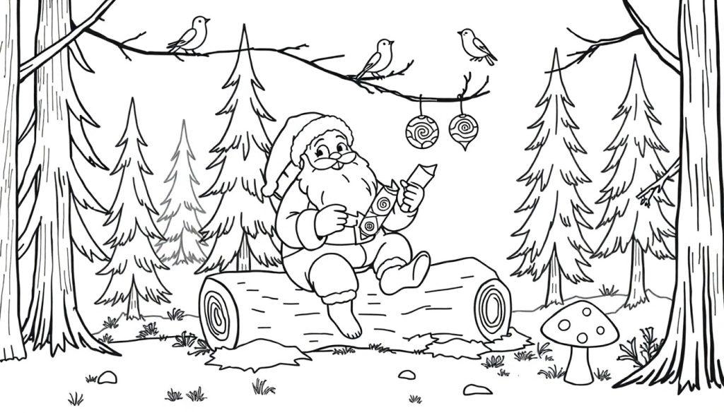 Schwarz-Weiß-Farbtafel eines lachenden Weihnachtsmanns im Wald, der ein Knallbonbon öffnet, mit Vögeln und Ornamenten in einem Baum über ihm.