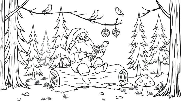 Schwarz-Weiß-Farbtafel eines lachenden Weihnachtsmanns im Wald, der ein Knallbonbon öffnet, mit Vögeln und Ornamenten in einem Baum über ihm.
