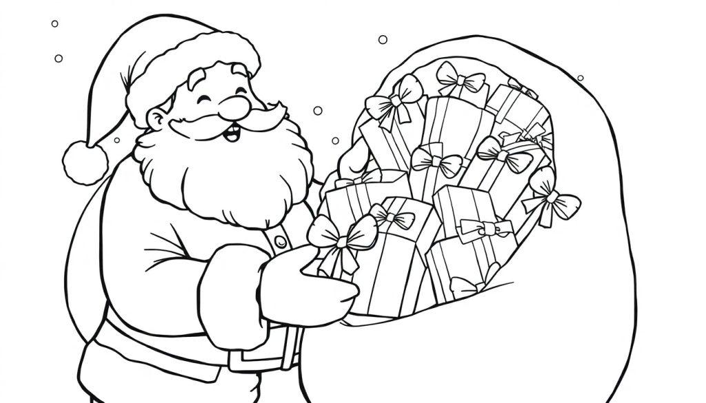 Schwarz-weiße Farbtafel-Ausmalvorlage: Weihnachtsmann mit Geschenken und fröhlichem Lächeln.