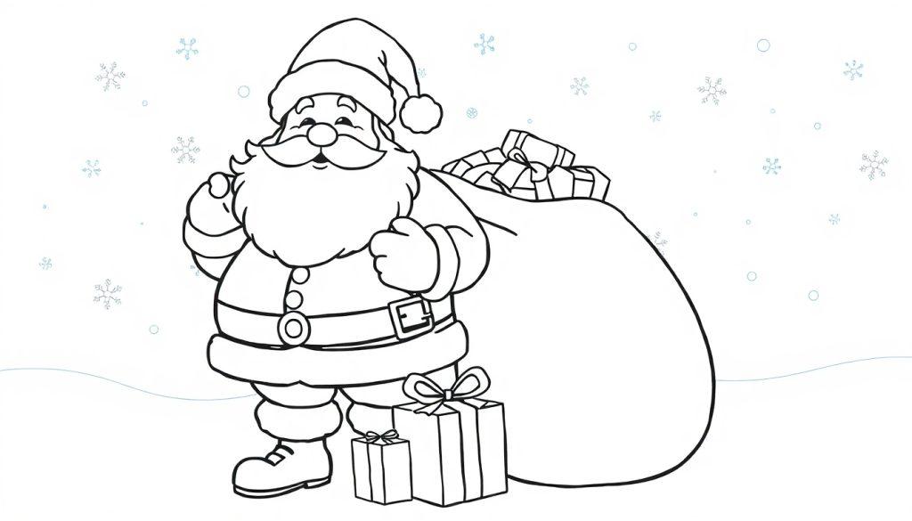 Eine Schwarz-Weiß-Farbtafel-Zeichnung des Weihnachtsmanns mit einem Geschenkesack und Schneeflocken.