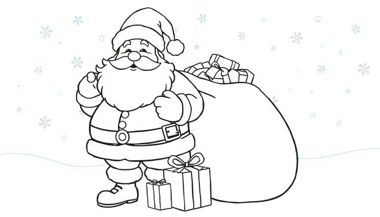 Eine Schwarz-Weiß-Farbtafel-Zeichnung des Weihnachtsmanns mit einem Geschenkesack und Schneeflocken.