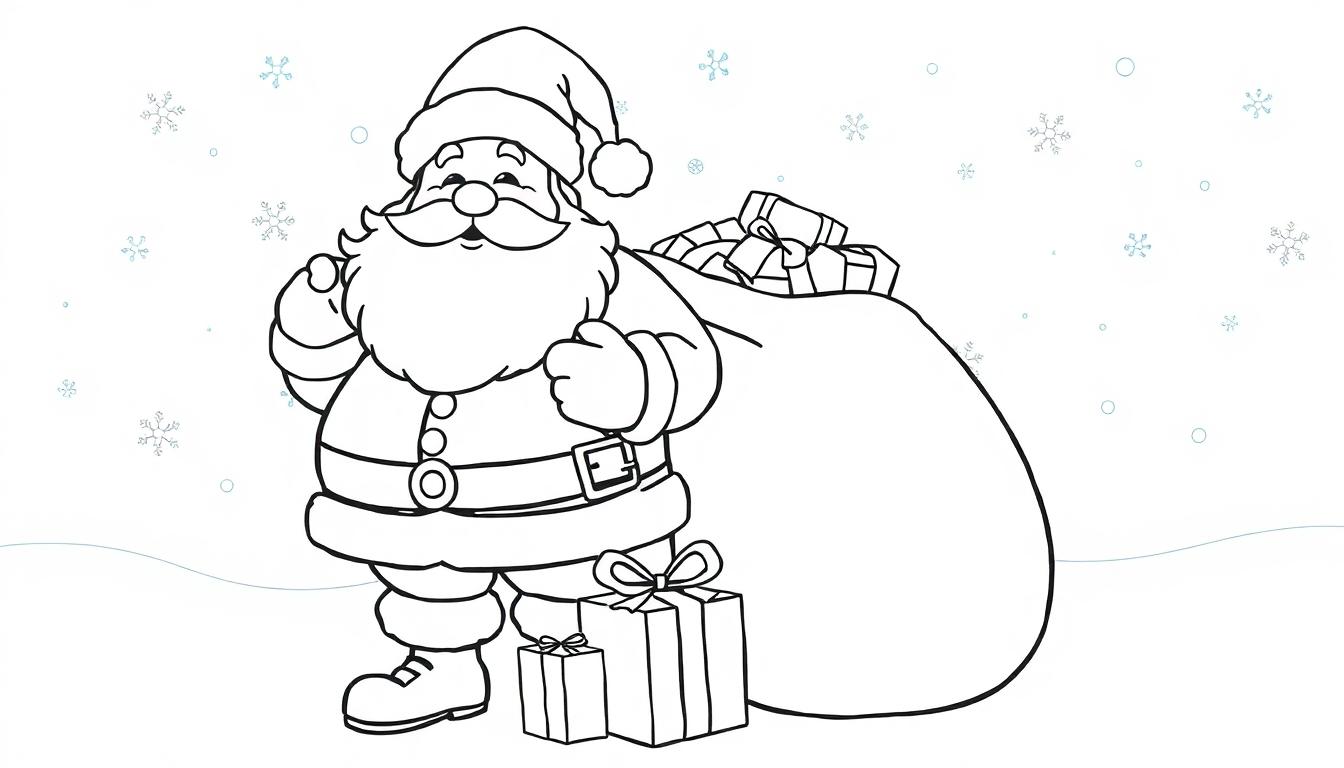 Eine Schwarz-Weiß-Farbtafel-Zeichnung des Weihnachtsmanns mit einem Geschenkesack und Schneeflocken.