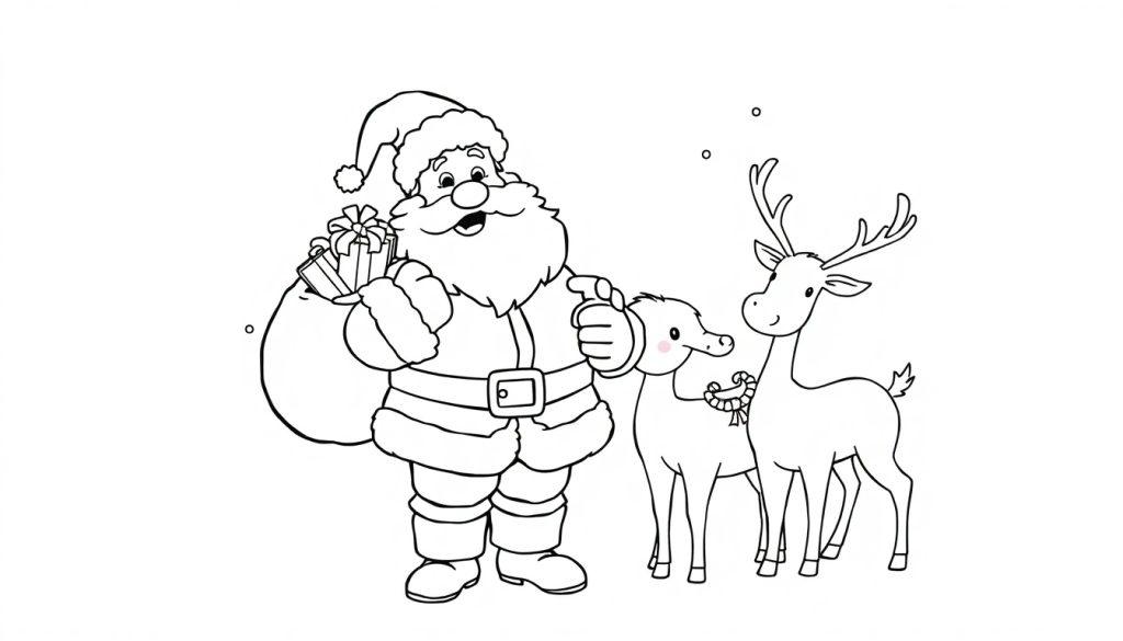 Schwarz-Weiß-Farbtafel: Weihnachtsmann zeigt auf zwei Rentier mit Geschenksack.