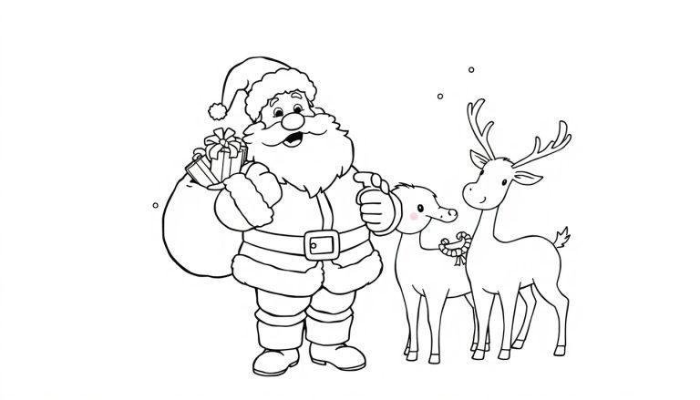 Schwarz-Weiß-Farbtafel: Weihnachtsmann zeigt auf zwei Rentier mit Geschenksack.
