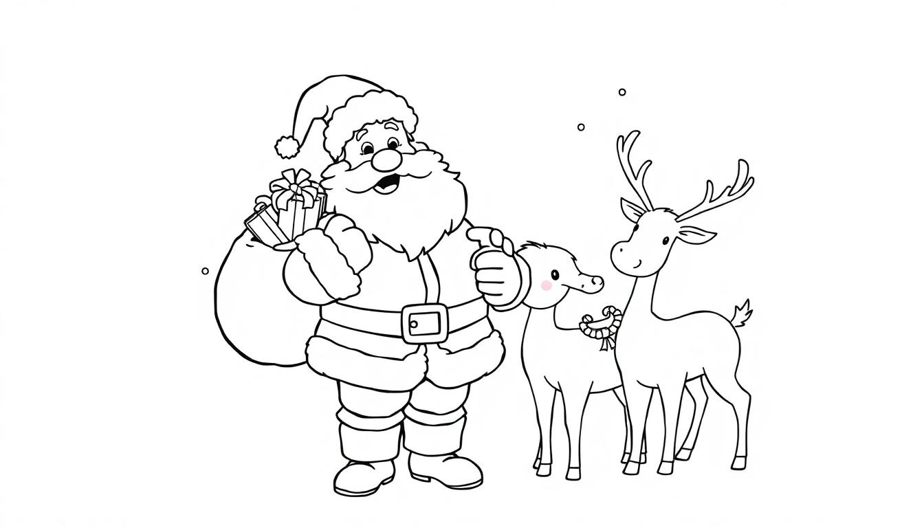 Schwarz-Weiß-Farbtafel: Weihnachtsmann zeigt auf zwei Rentier mit Geschenksack.